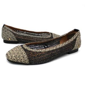Nautica Womens 6.5 Arina Ballet Flats Shoes Black‎ Beige Woven Preppy Coastal